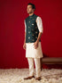 Men's Green Leaf Motif Embellished Jacket Kurta Pant Set