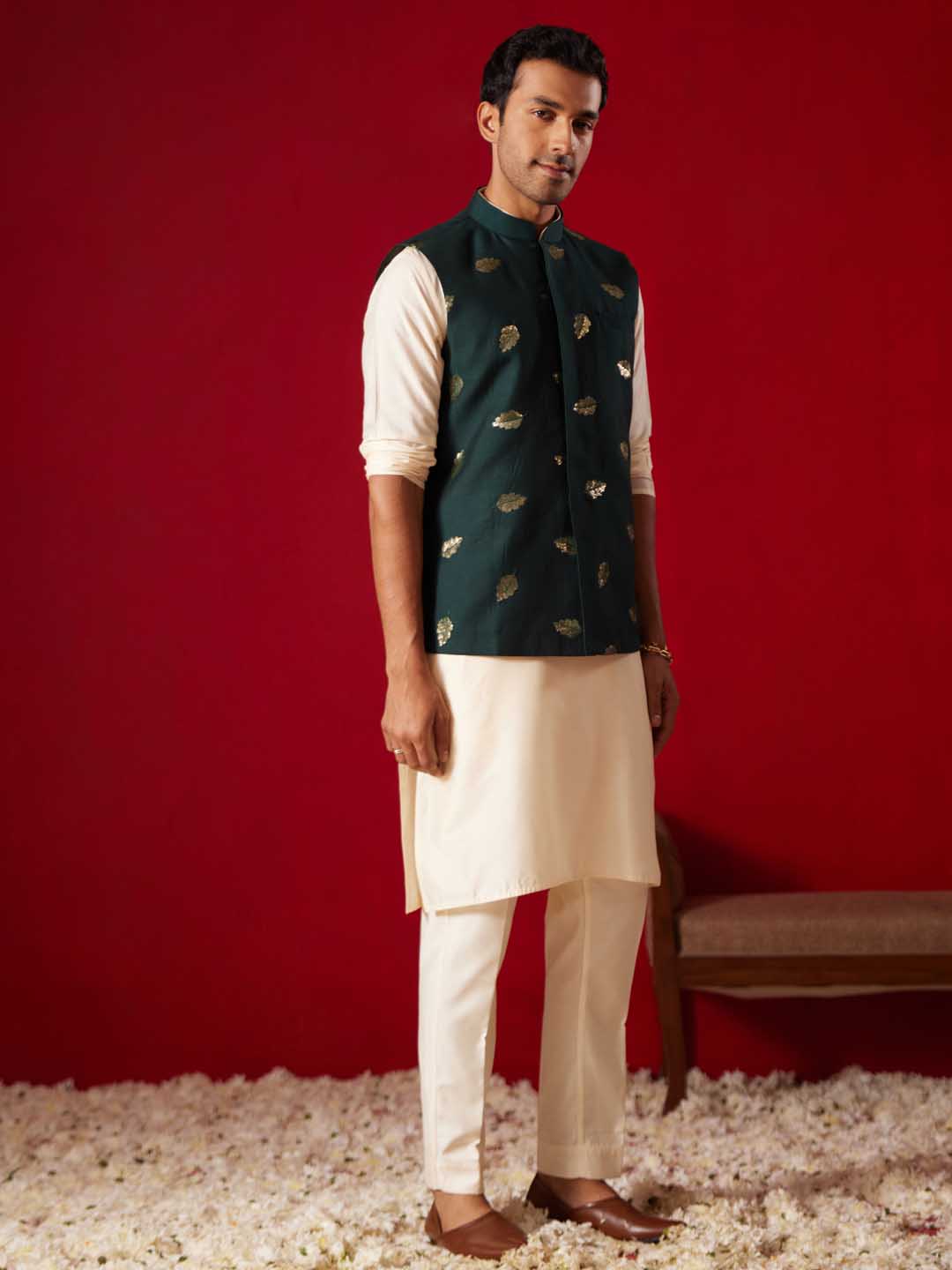 Men's Green Leaf Motif Embellished Jacket Kurta Pant Set