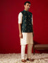 Men's Green Leaf Motif Embellished Jacket Kurta Pant Set