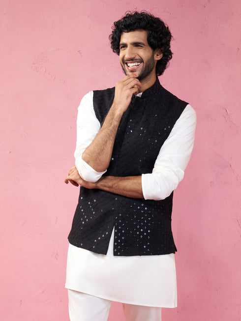 Black Rayon Sequined Nehru Jacket