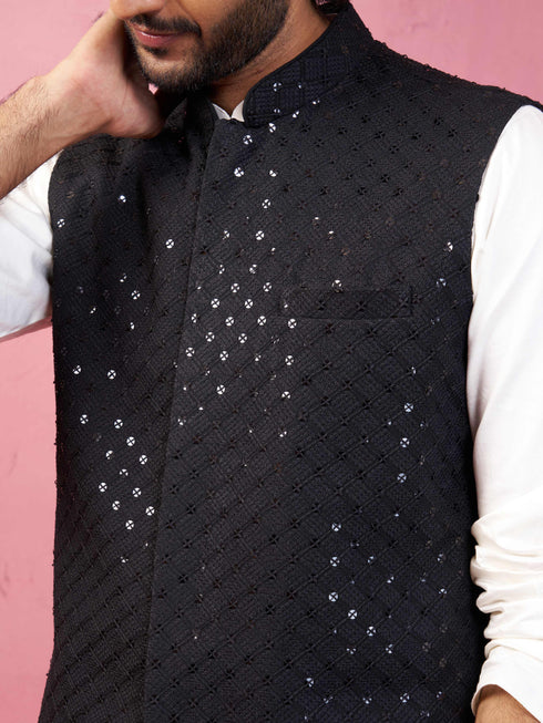 Black Rayon Sequined Nehru Jacket