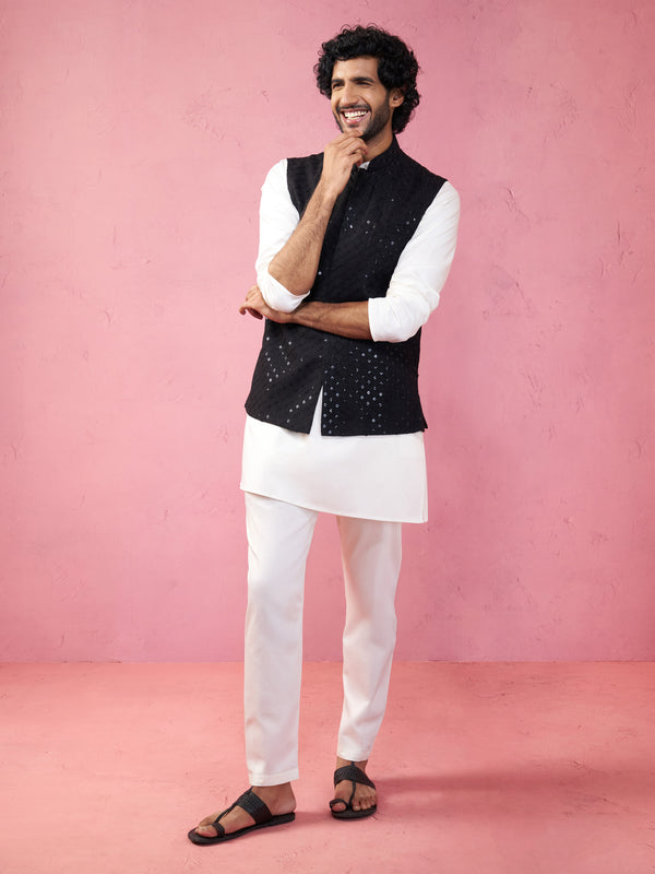Men's Black Sequin Embroidered Nehru Jacket with Cream Kurta Pyjama