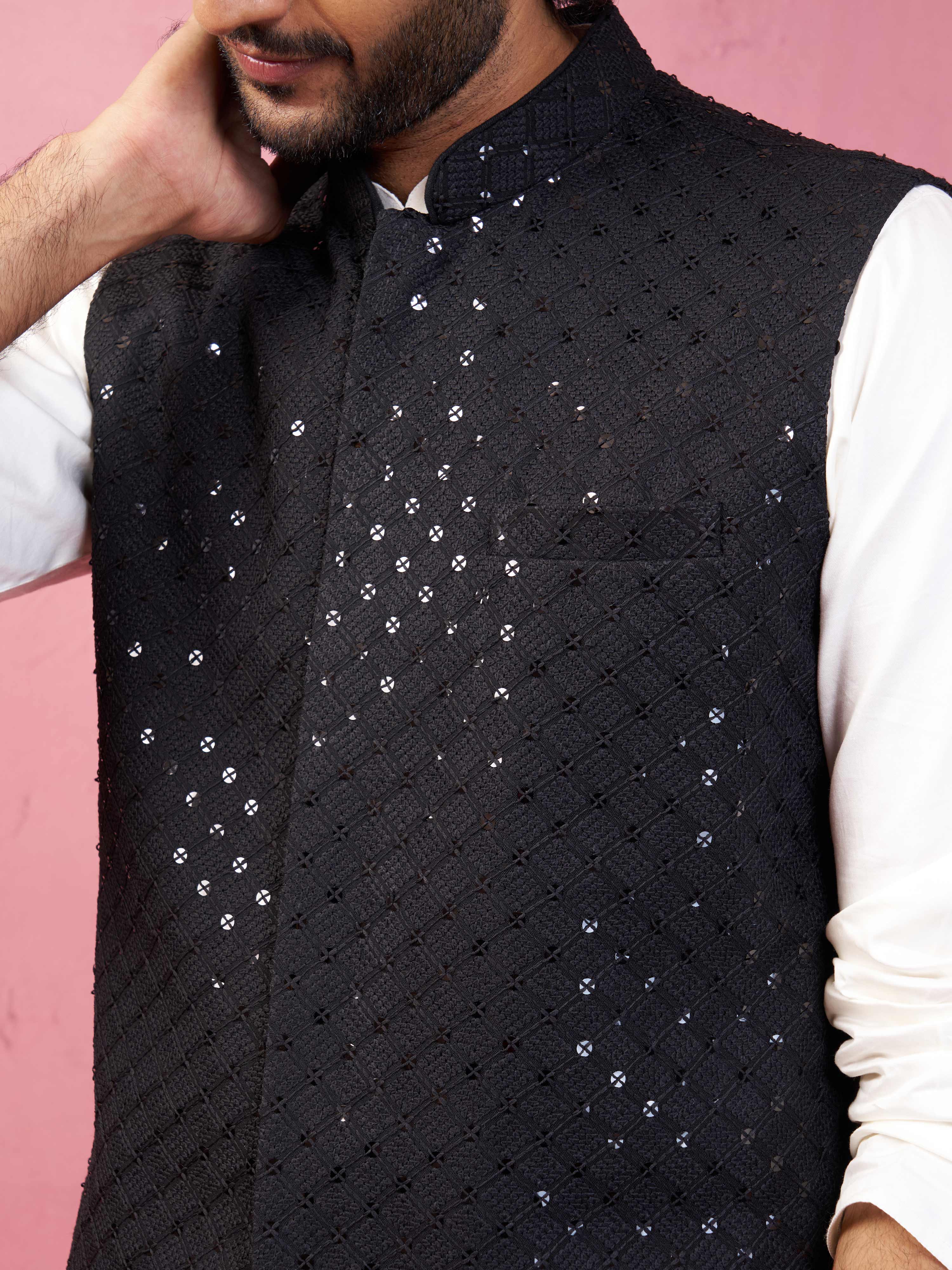 Men's Black Sequin Embroidered Nehru Jacket with Cream Kurta Pyjama