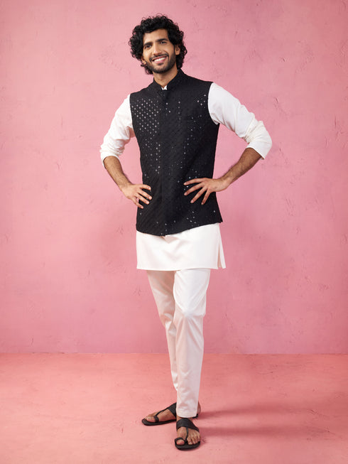 Men's Black Sequin Embroidered Nehru Jacket with Cream Kurta Pyjama