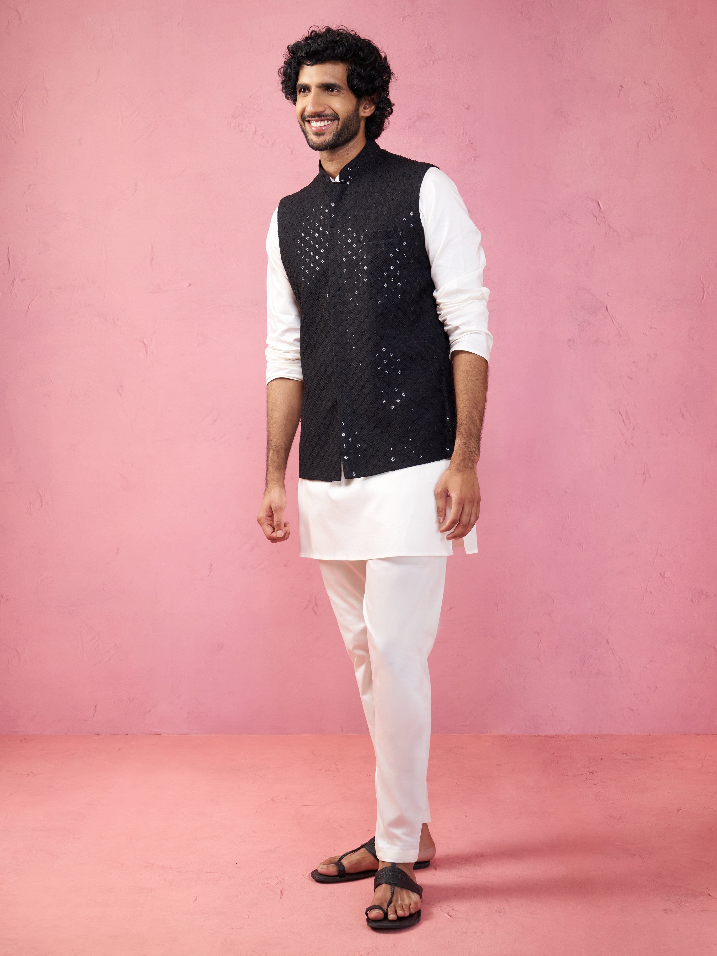 Men's Black Sequin Embroidered Nehru Jacket with Cream Kurta Pyjama