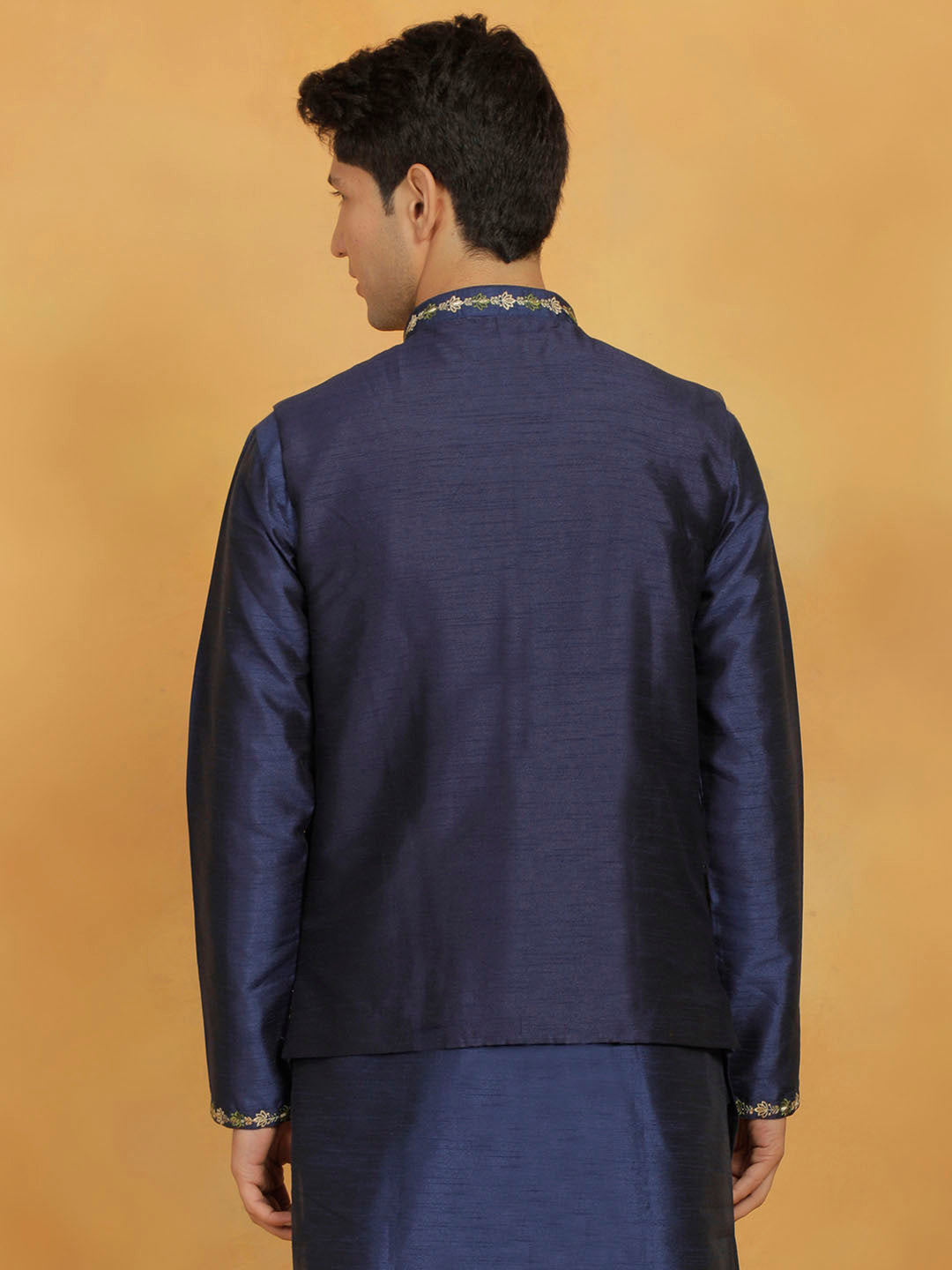 Men's Navy Blue Dupion Silk Nehru Jacket