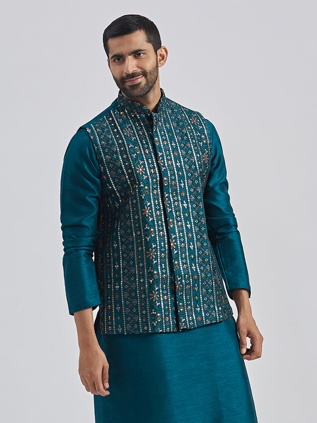 Men's Turquoise Silk Blend Nehru Jacket