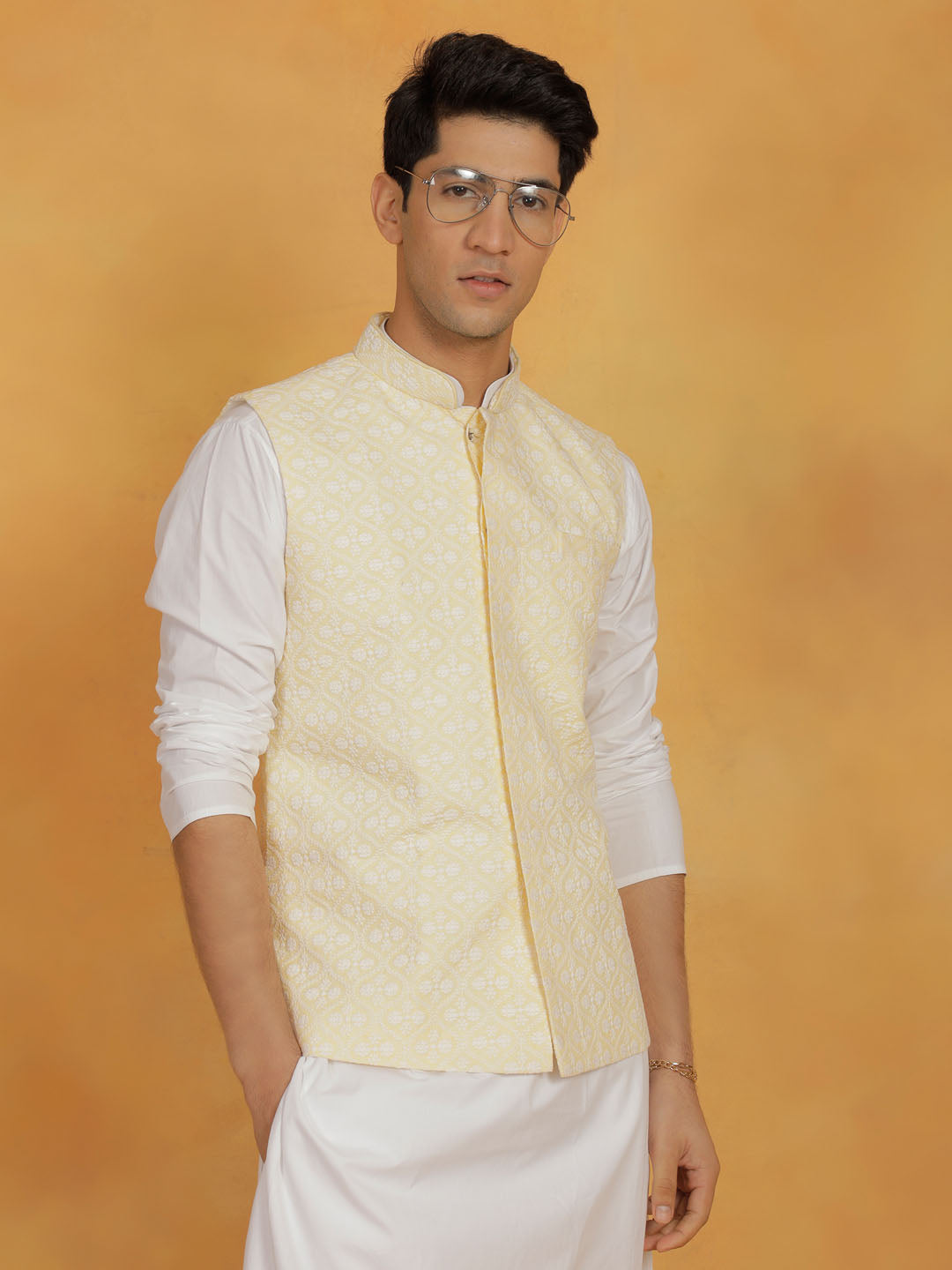 Men's Yellow Cotton Nehru Jacket