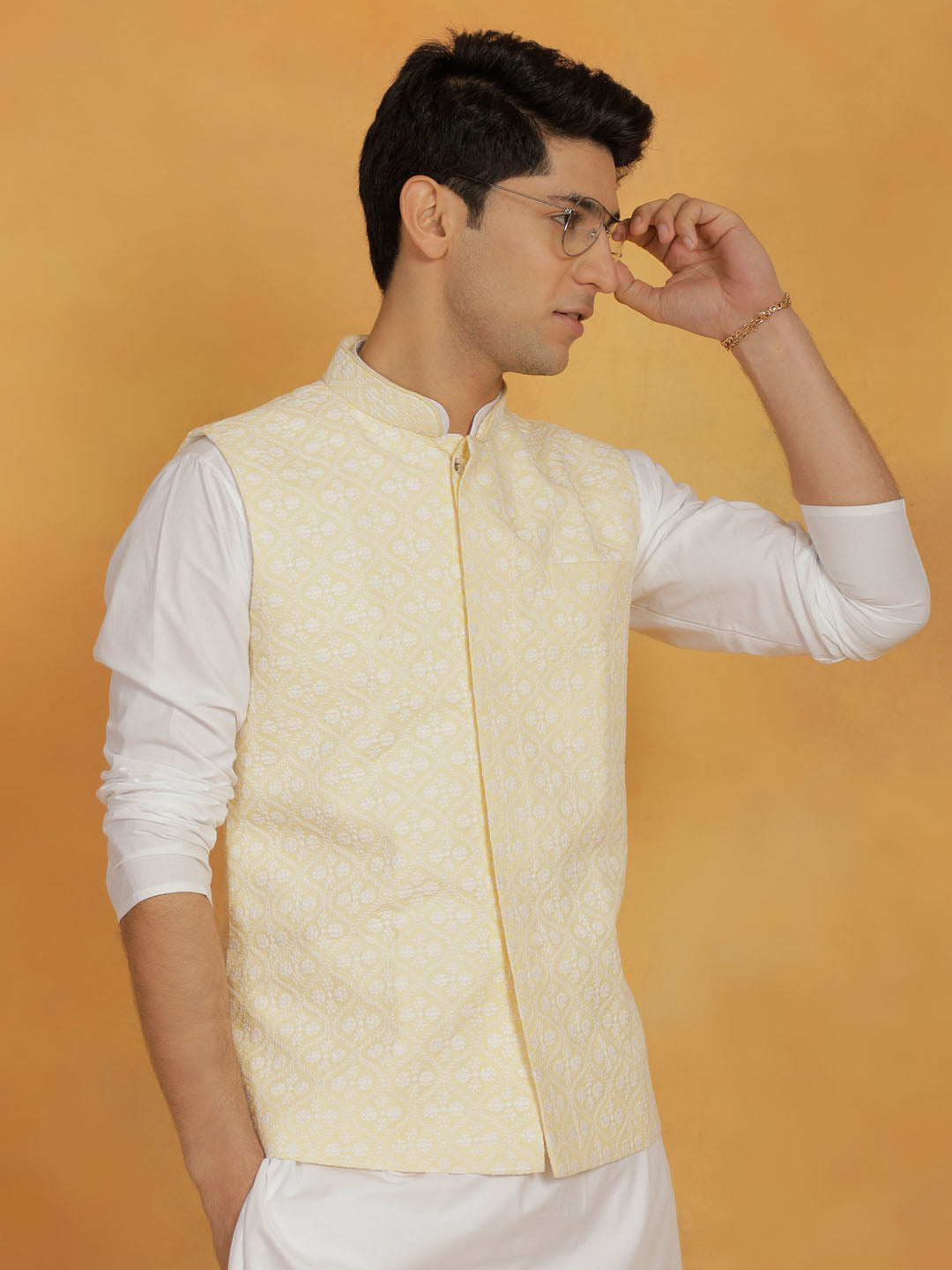 Men's Yellow Cotton Nehru Jacket