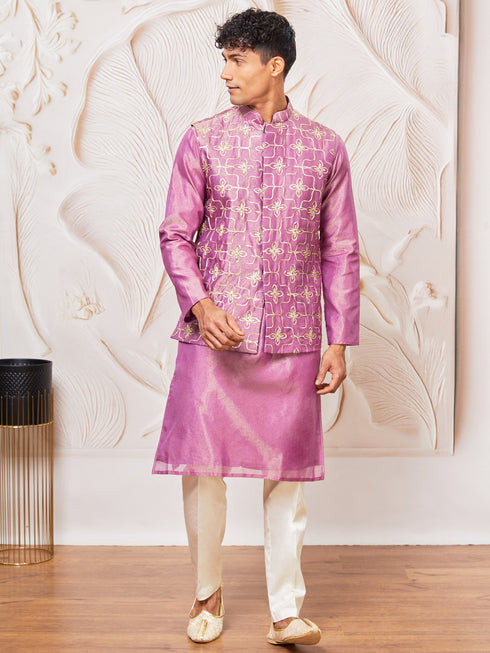 Men's Purple And Rose Gold Silk Blend Jacket, Kurta And Pyjama Set