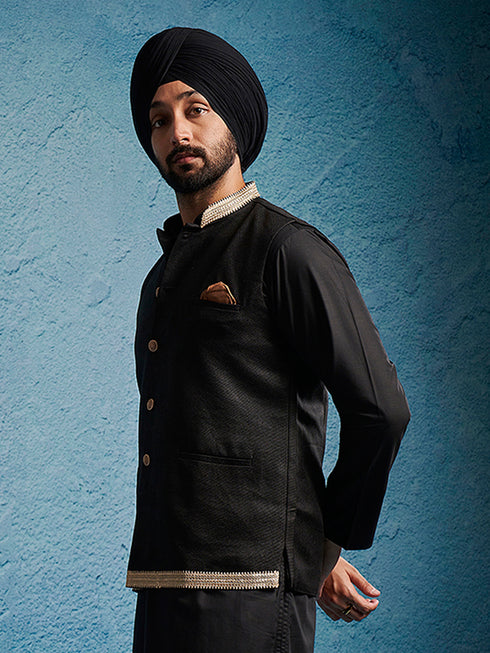 Men's Black Jute Nehru Jacket