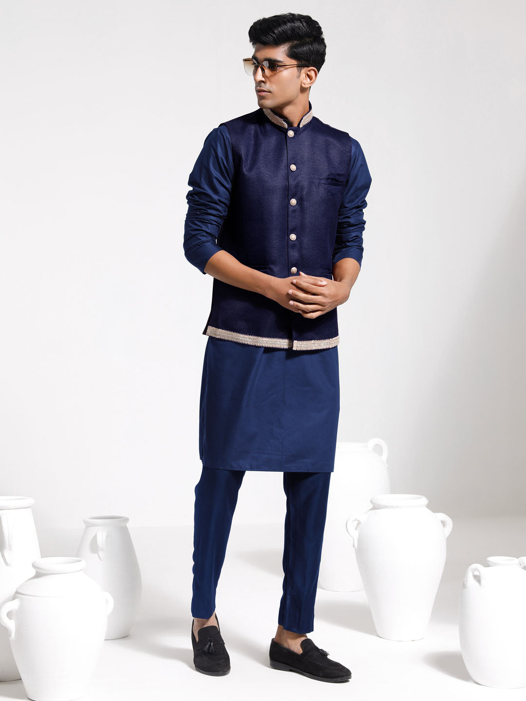 Men's Navy Blue Jute Nehru Jacket