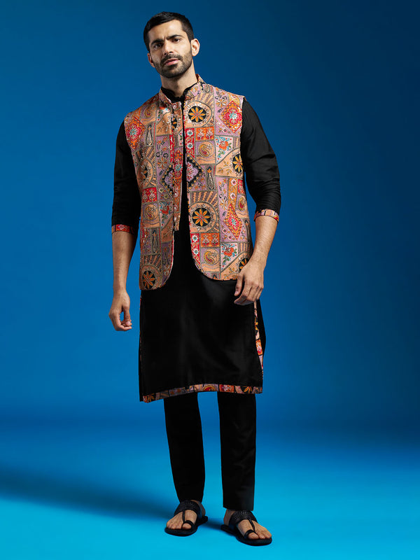 Men's Chiku Embroidered Nehru Jacket Set with Black Printed Kurta & Fine Satin Pyjama