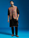 Men's Chiku Embroidered Nehru Jacket Set with Black Printed Kurta & Fine Satin Pyjama