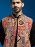 Men's Chiku Embroidered Nehru Jacket Set with Black Printed Kurta & Fine Satin Pyjama