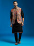 Men's Chiku Embroidered Nehru Jacket Set with Black Printed Kurta & Fine Satin Pyjama