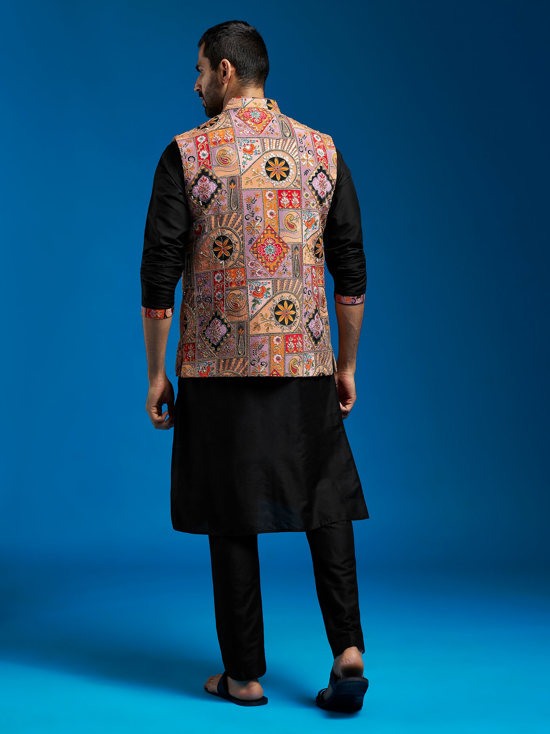 Men's Black Viscose Jacket,Kurta And Pyjama Set.