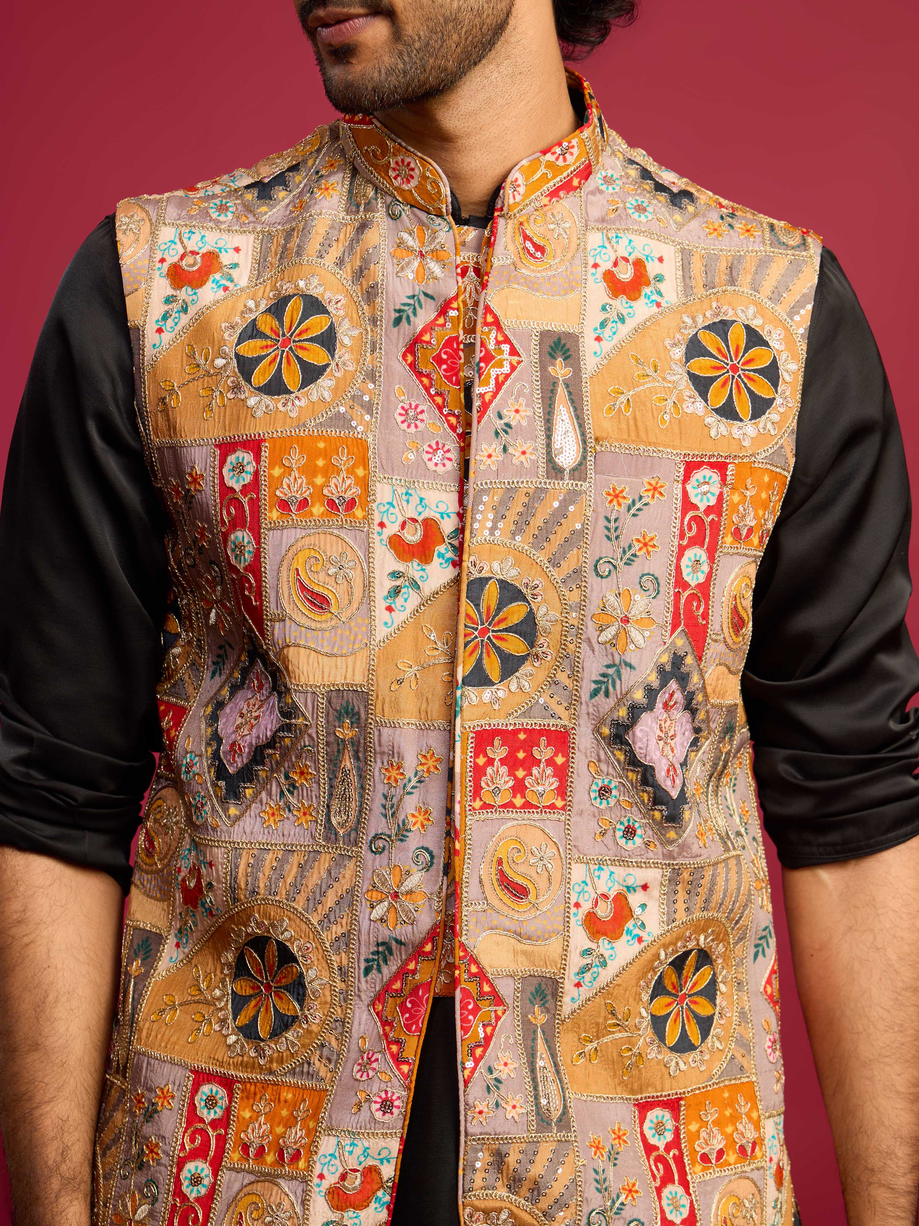 Men's Chiku Embroidered Nehru Jacket with Black Kurta & Pant Set