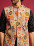Men's Chiku Embroidered Nehru Jacket with Black Kurta & Pant Set