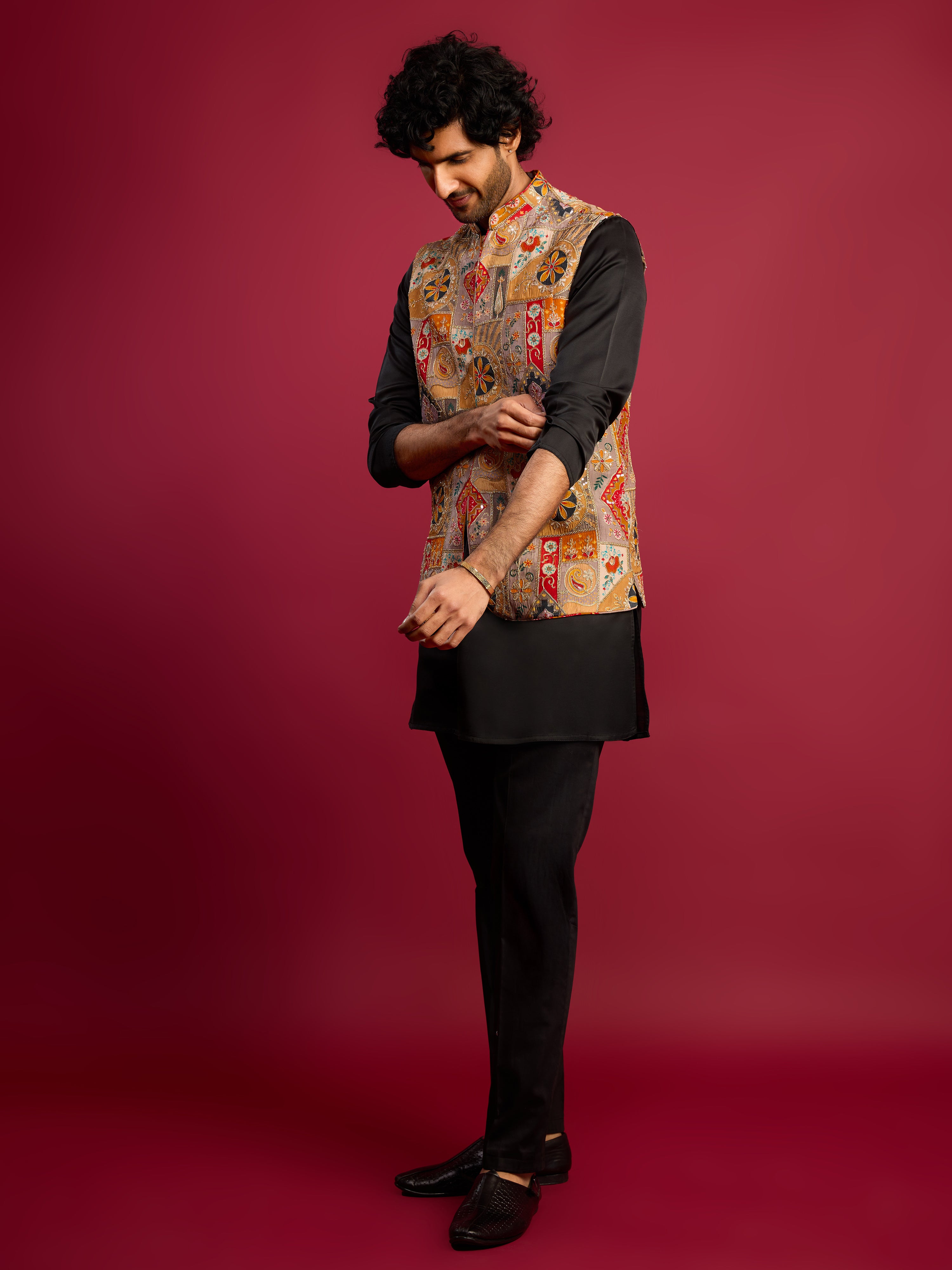 Men's Chiku Embroidered Nehru Jacket with Black Kurta & Pant Set