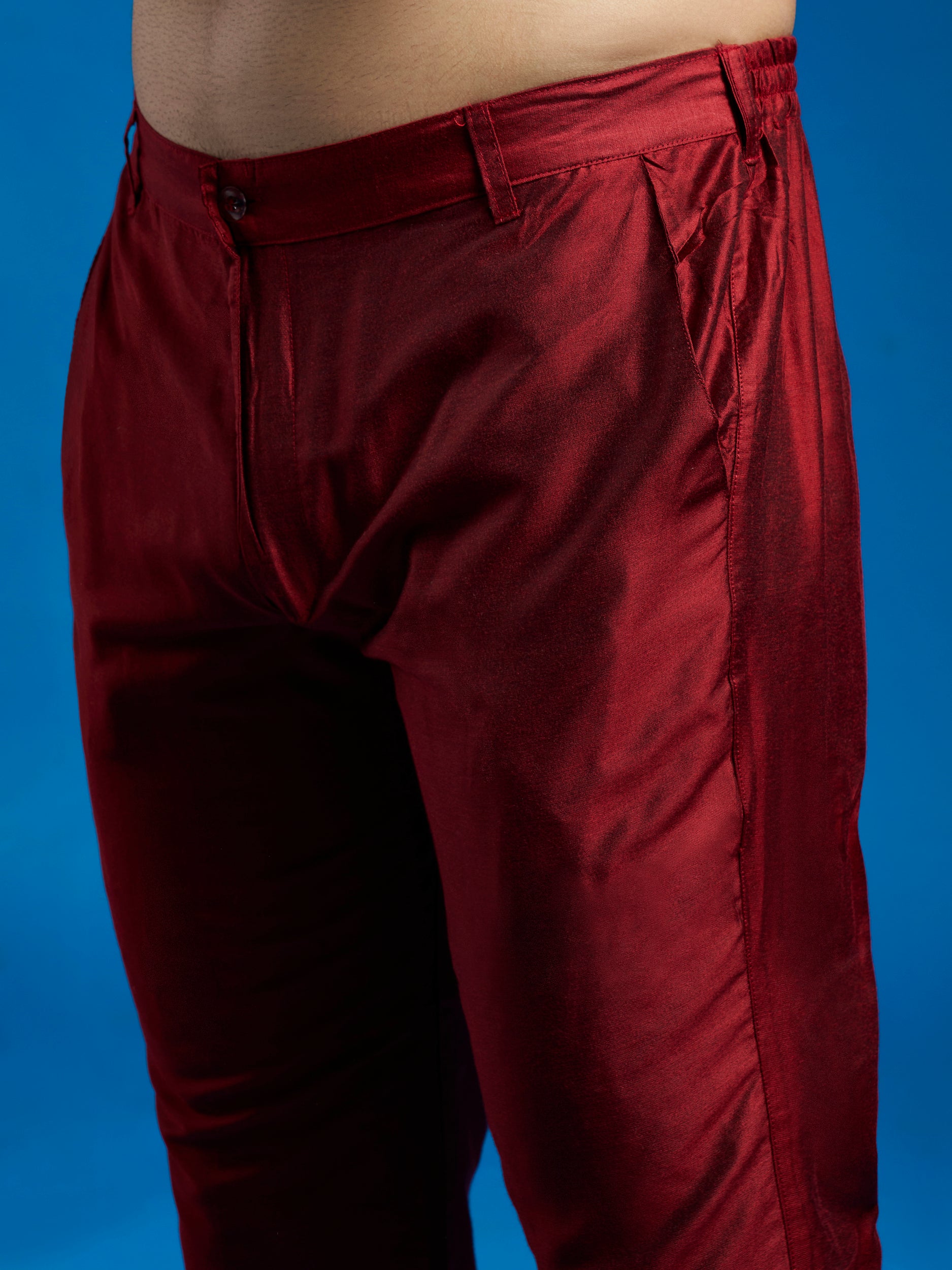 Men's Maroon Viscose Jacket,Kurta And Pyjama Set.