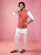 Men's Red Embroidered Nehru Jacket with Cream Kurta Pyjama
