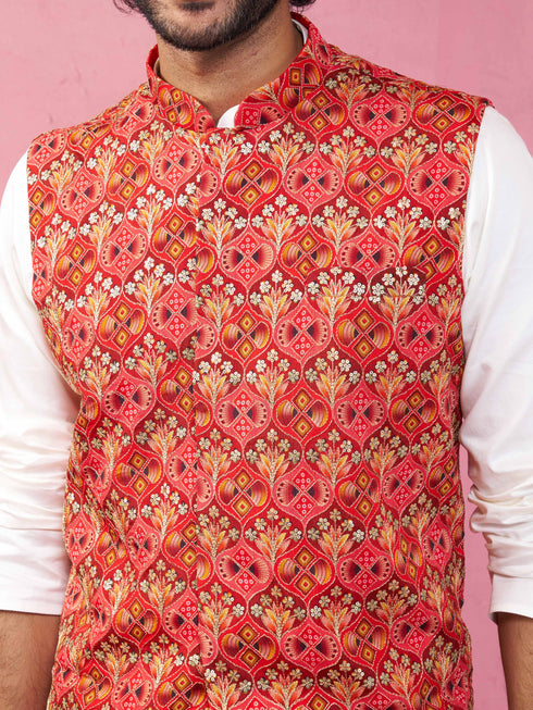 Men's Red Embroidered Nehru Jacket with Cream Kurta Pyjama