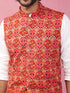 Men's Red Embroidered Nehru Jacket with Cream Kurta Pyjama