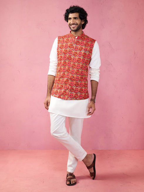 Men's Red Embroidered Nehru Jacket with Cream Kurta Pyjama