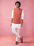 Men's Red Embroidered Nehru Jacket with Cream Kurta Pyjama