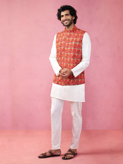 Men's Red Embroidered Nehru Jacket with Cream Kurta Pyjama