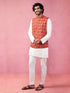 Men's Red Embroidered Nehru Jacket with Cream Kurta Pyjama