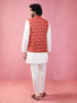 Men's Red Embroidered Nehru Jacket with Cream Kurta Pyjama