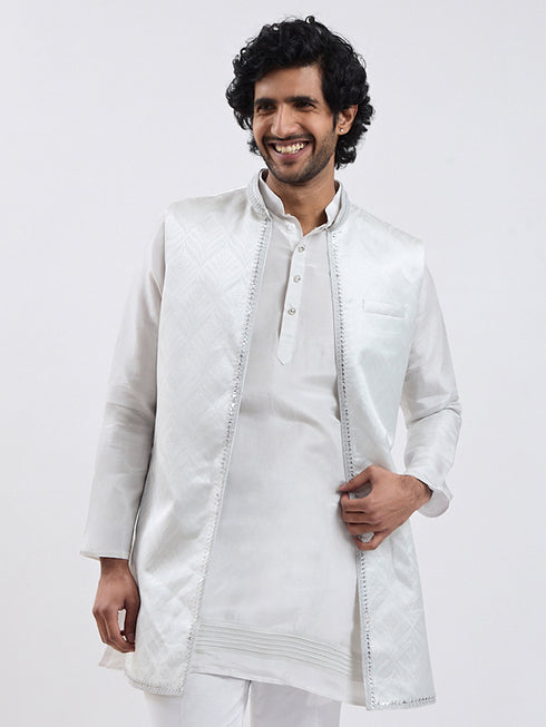 Men's Silver Cotton Blend Nehru Jacket