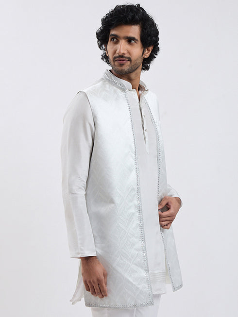 Men's Silver Cotton Blend Nehru Jacket