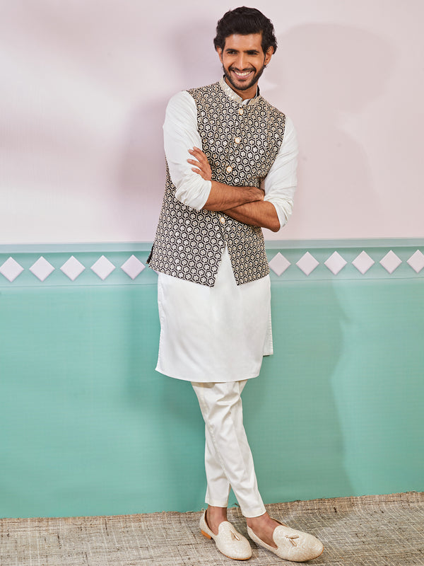 Men's Black Fine Satin Nehru Jacket, Kurta And Pyjama Set.