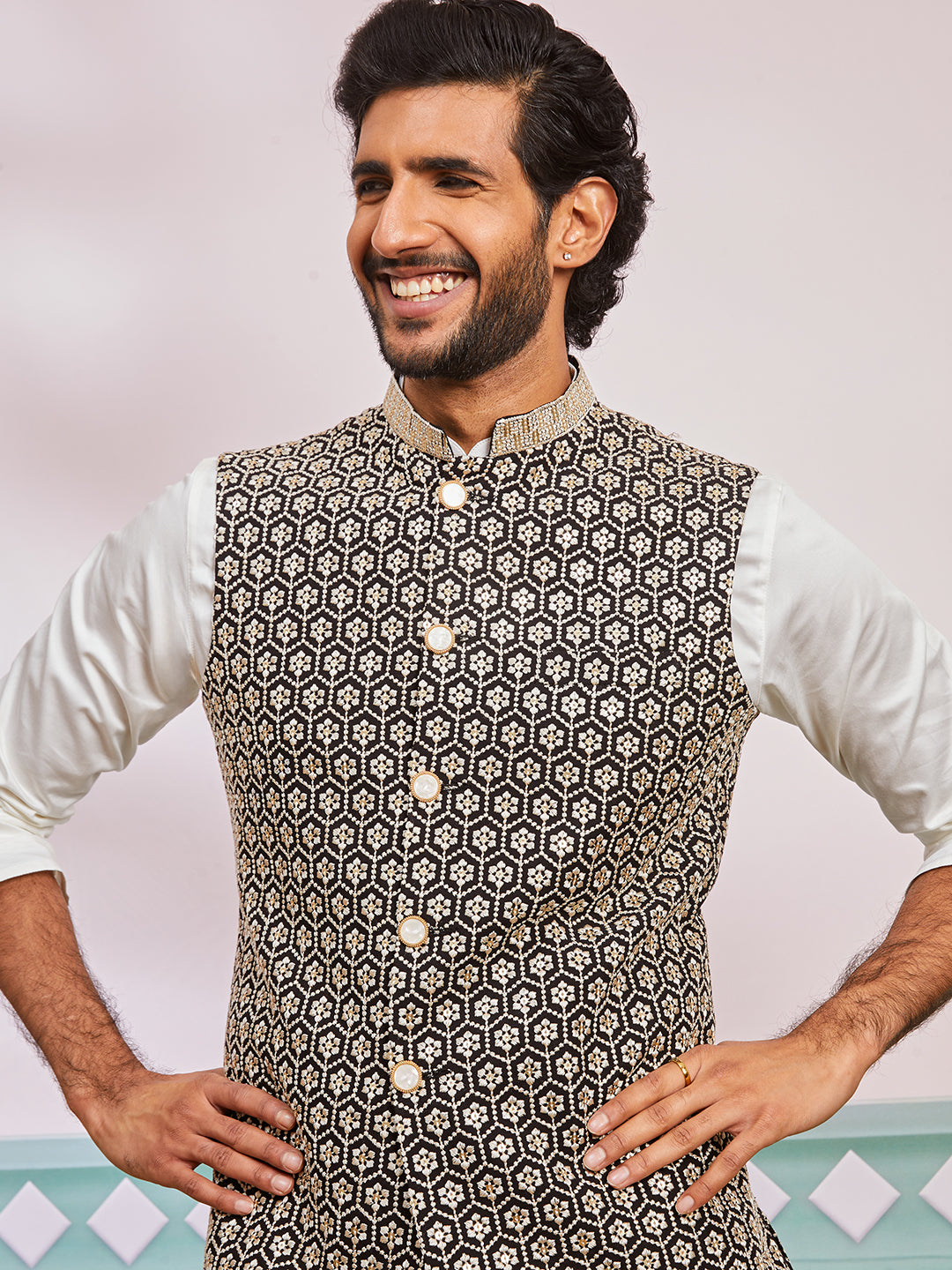 Men's Black Fine Satin Nehru Jacket, Kurta And Pyjama Set.
