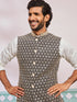 Men's Black Fine Satin Nehru Jacket, Kurta And Pyjama Set.