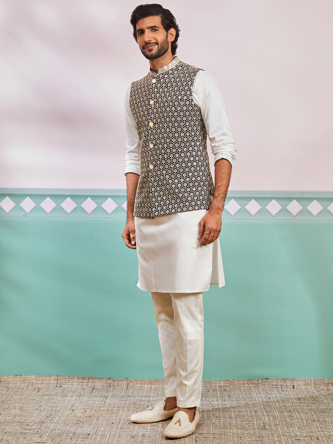 Men's Black Fine Satin Nehru Jacket, Kurta And Pyjama Set.