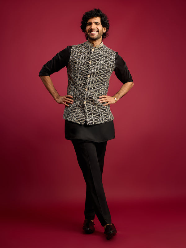 Men's All-Black Sequin & Thread Embroidered Nehru Jacket with Black Satin Kurta & Pants Set