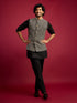 Men's All-Black Sequin & Thread Embroidered Nehru Jacket with Black Satin Kurta & Pants Set