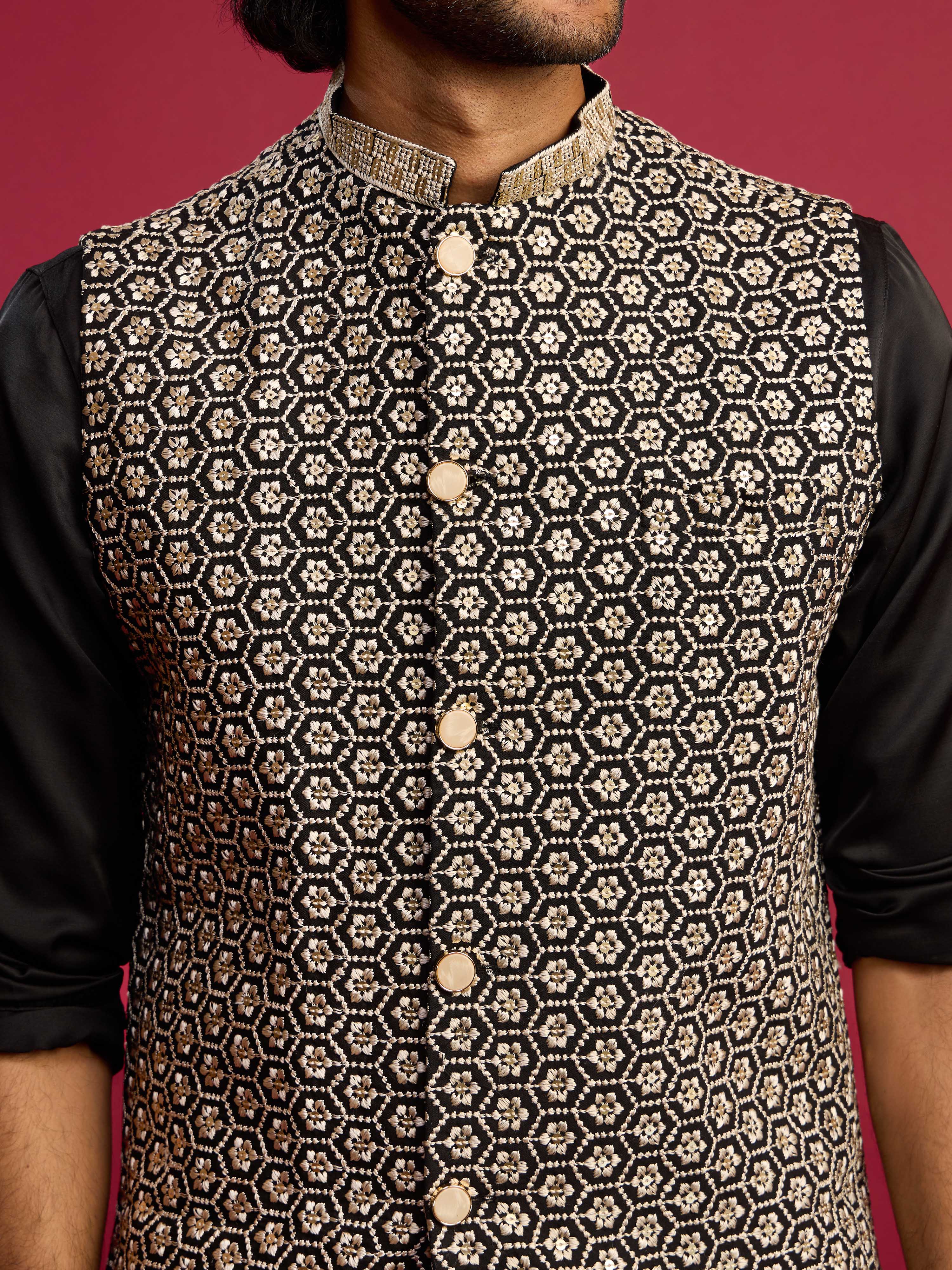 Men's All-Black Sequin & Thread Embroidered Nehru Jacket with Black Satin Kurta & Pants Set