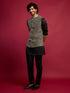 Men's All-Black Sequin & Thread Embroidered Nehru Jacket with Black Satin Kurta & Pants Set