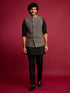 Men's All-Black Sequin & Thread Embroidered Nehru Jacket with Black Satin Kurta & Pants Set