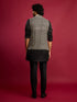Men's All-Black Sequin & Thread Embroidered Nehru Jacket with Black Satin Kurta & Pants Set