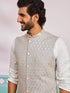 Men's Grey Fine Satin Nehru Jacket, Kurta And Pyjama Set.