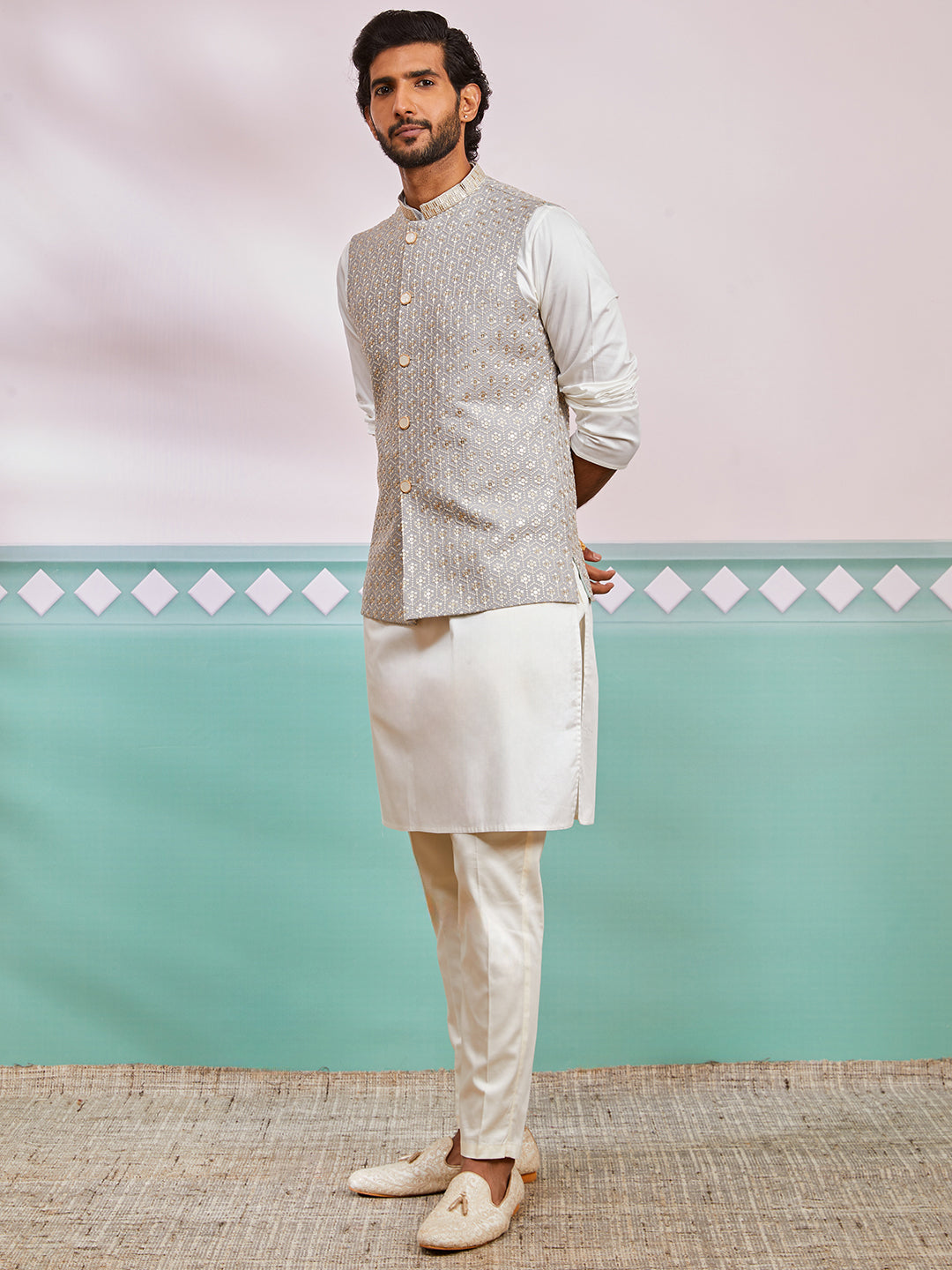 Men's Grey Fine Satin Nehru Jacket, Kurta And Pyjama Set.