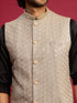 Men's Grey Sequin & Thread Embroidered Nehru Jacket with Black Satin Kurta & Pants Set