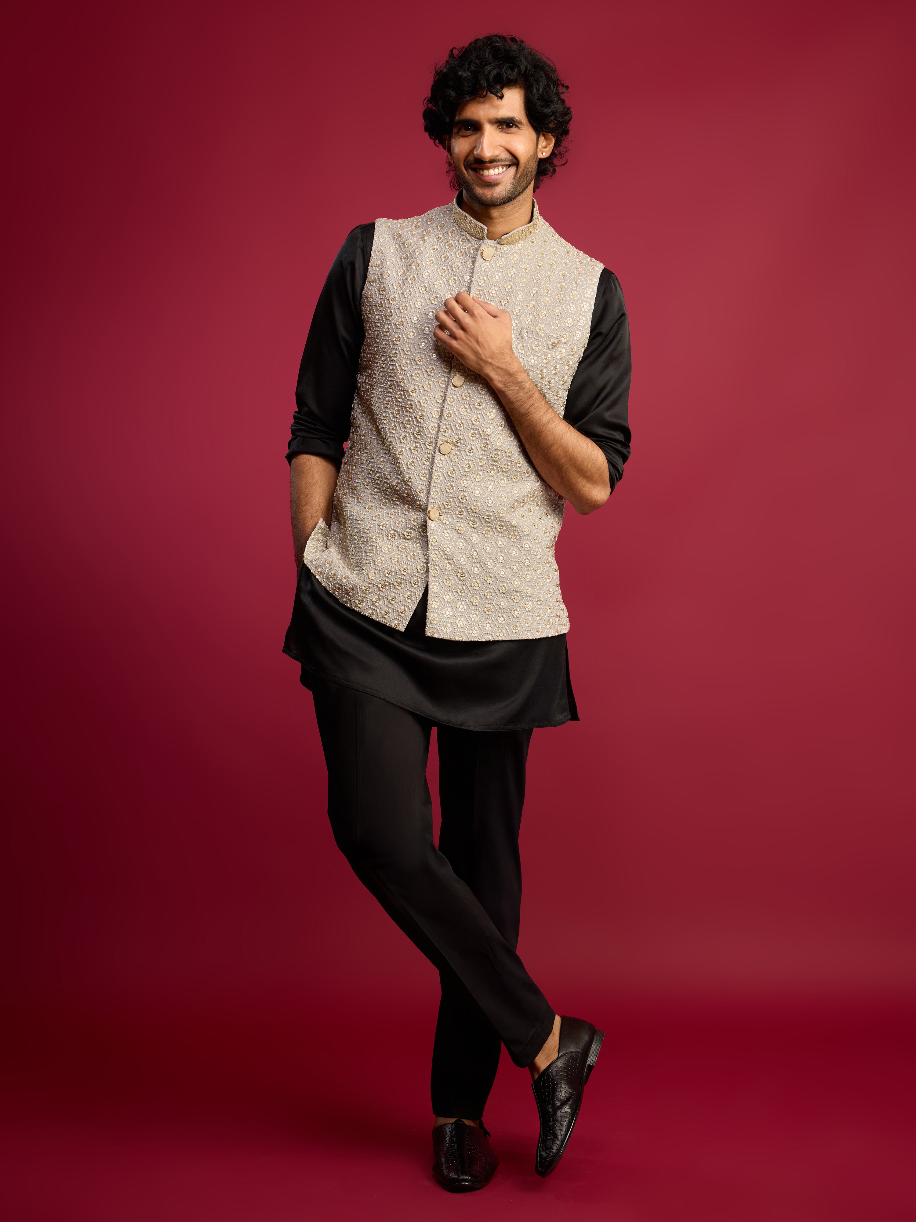 Men's Grey Sequin & Thread Embroidered Nehru Jacket with Black Satin Kurta & Pants Set
