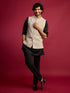 Men's Grey Sequin & Thread Embroidered Nehru Jacket with Black Satin Kurta & Pants Set